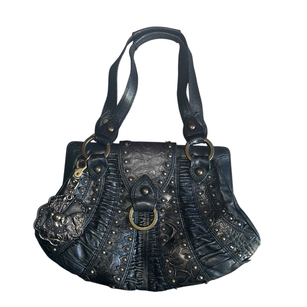 Isabella Fiore Britta Gold Rush Black Leather Studded Floral Shoulder Hand Bag
